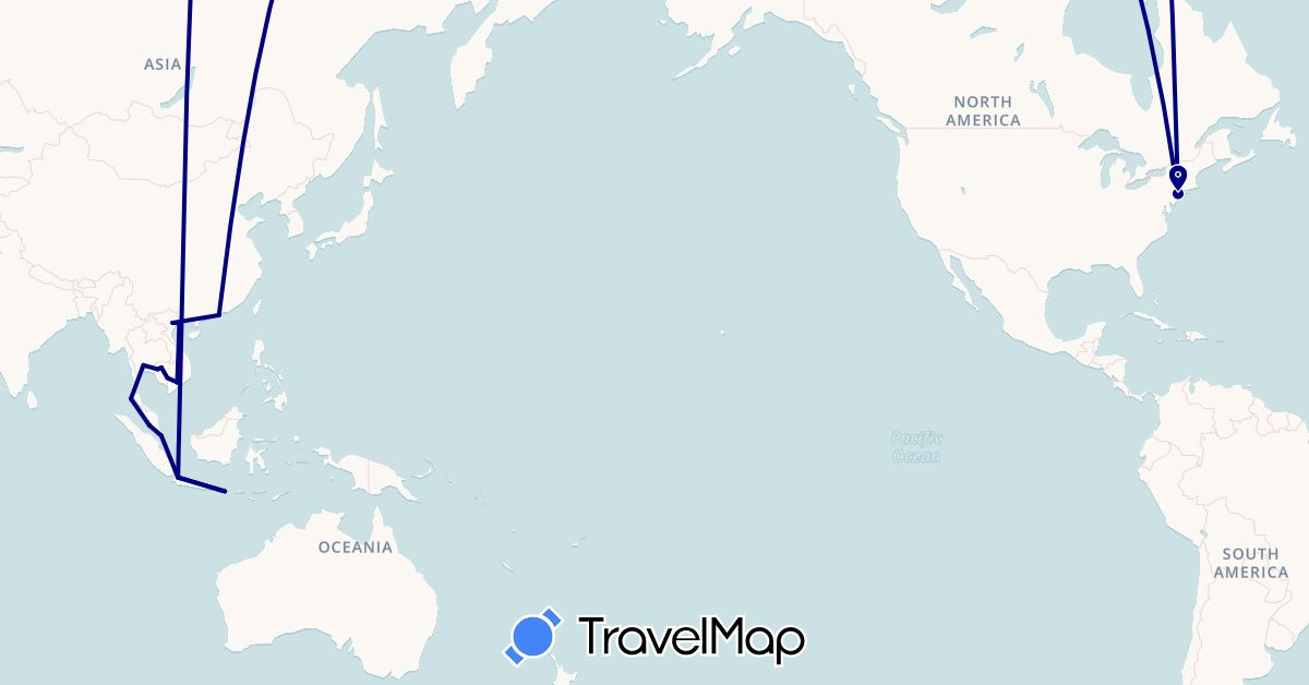 TravelMap itinerary: driving in China, Indonesia, Cambodia, Malaysia, Singapore, Thailand, United States, Vietnam (Asia, North America)
