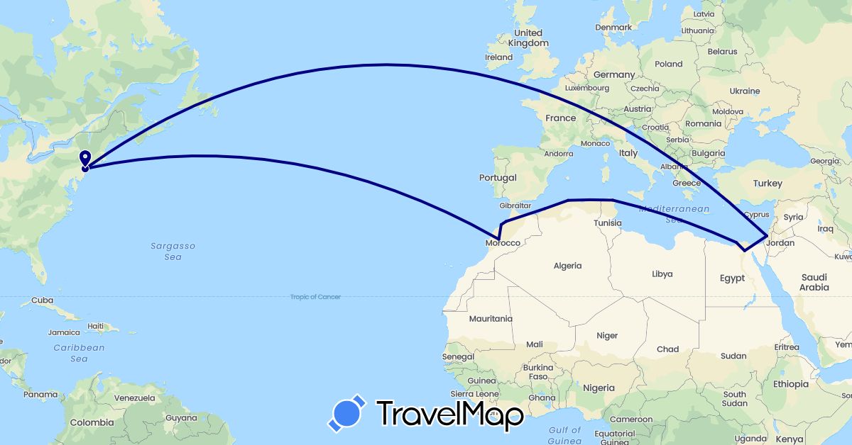 TravelMap itinerary: driving in Algeria, Egypt, Israel, Morocco, Malta, Tunisia, United States (Africa, Asia, Europe, North America)